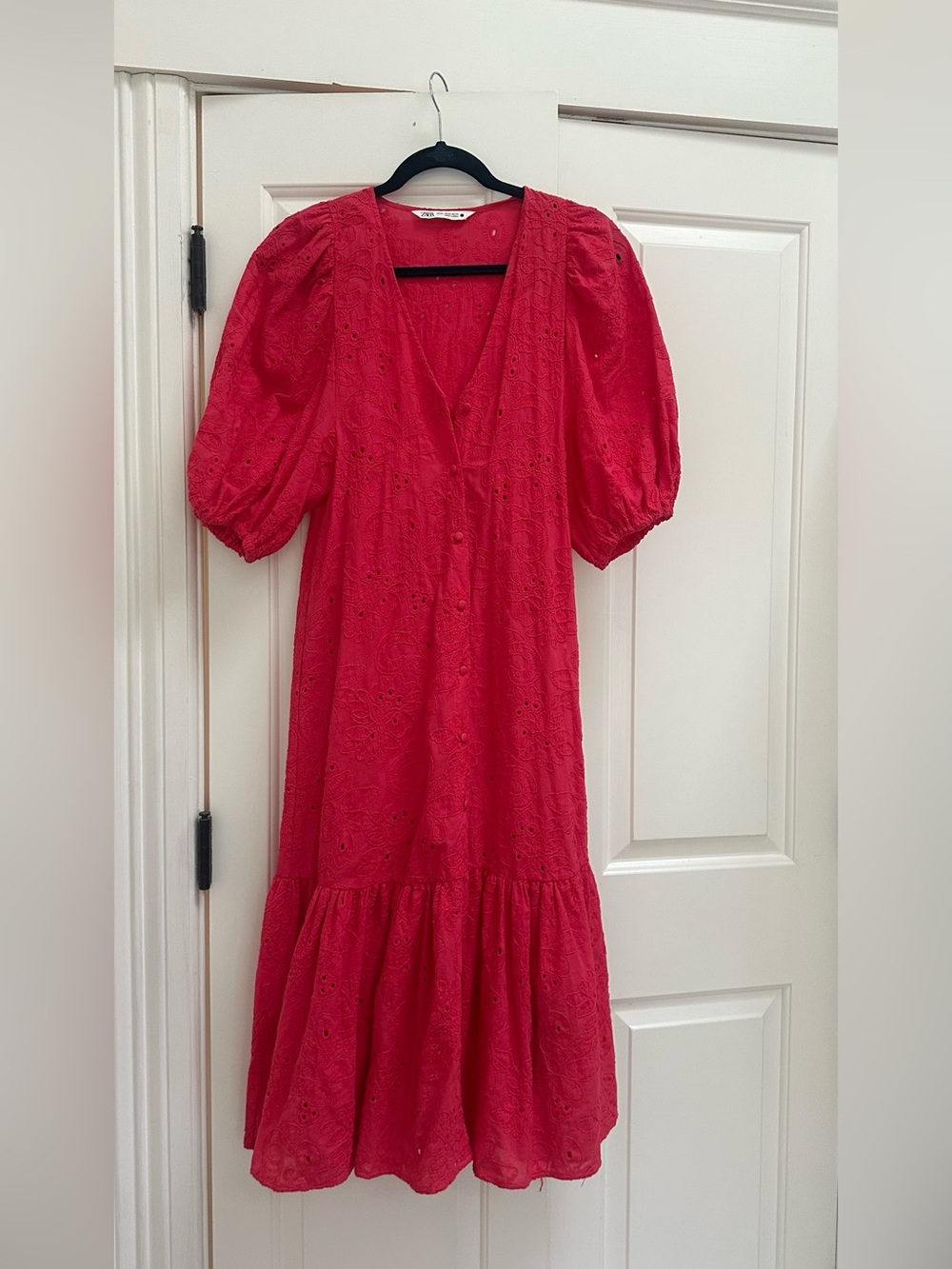 Zara Puff-Sleeve Eyelet Maxi Dress